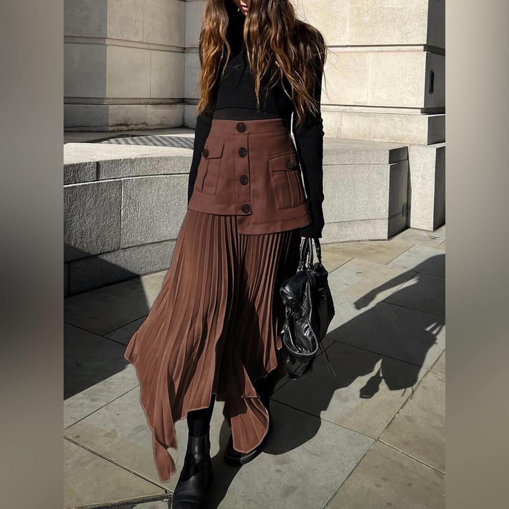 Commense Patchwork Asymmetrical Pleated Buttoned … - image 1